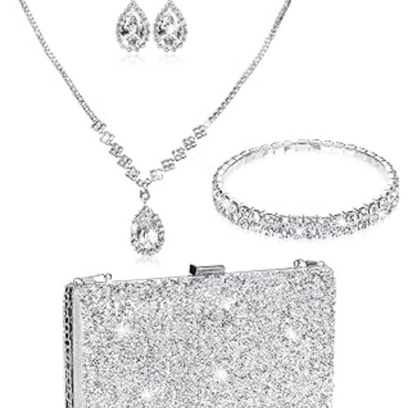 Women Wedding Rhinestone Jewelry Set Bling Necklace Earrings Bracelets Set - Picture 1 of 4
